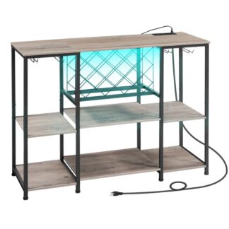 Шкаф для винного бара со светодиодным светом и мощными розетками, Стол для винной стойки для напитков и бокалов, Кофейный шкаф с винной стойкой, для кухни, столовая, Грейдж и черный