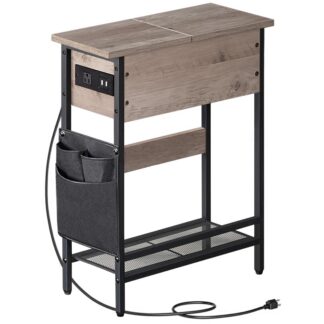 Узкий столик с зарядной станцией, Flip-Top Slim Side Table, Multi-Functional Bedside Nightstand with Storage, Подходит для небольших помещений, Гостиная и Спальня, Серый и Черный