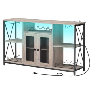 Armoire de bar à vin avec lumières LED et prises de courant, Meuble bar à café pour verres, Buffet Buffet, Armoire à liqueurs pour manger, Salon, Bar, Grège et Noir