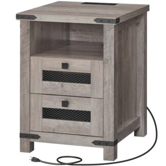 Nachttisch mit Ladestation, Bauernhaus-Beistelltisch mit 2 Schubladen Lagerschrank, Sofa-Beistelltisch, 18" Rustikaler Nachtständer für Schlafzimmer, Wohnzimmer, Grau