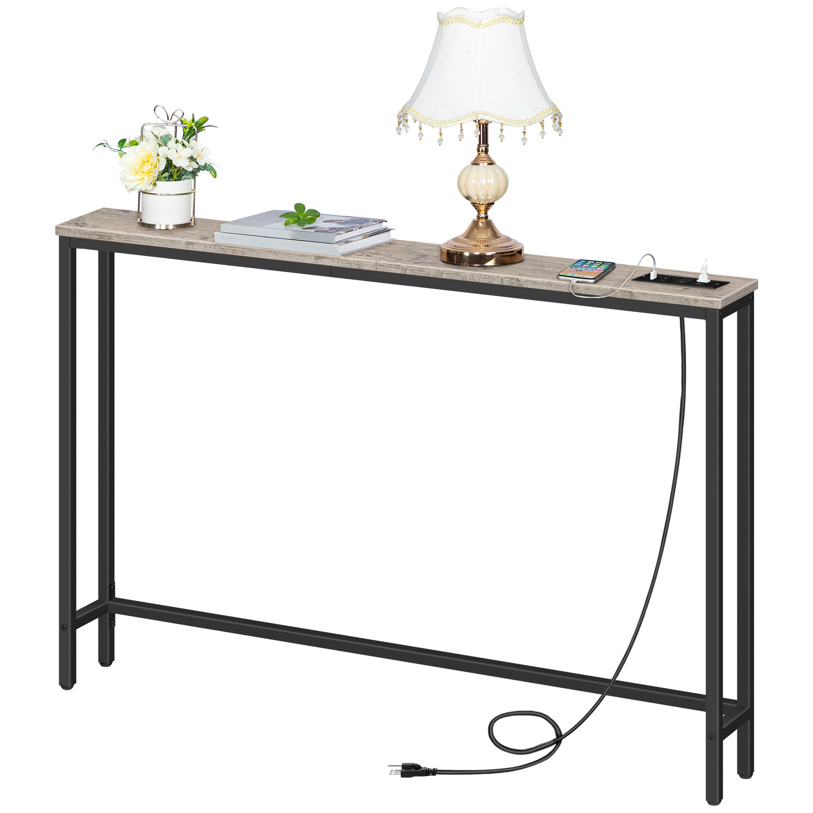 47.2-Inch Narrow Console Table with Integrated Power Outlets, Slim Behind-Couch Table Equipped with Charging Station, Long Thin Entryway Table for Foyer, Salon & Couloir, Grey Finish