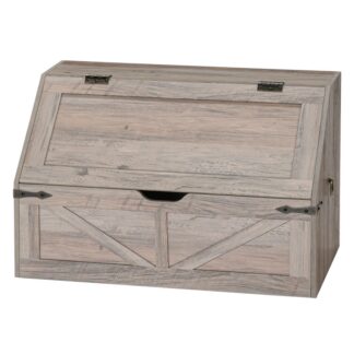 Storage Chest with Flip Top, Wooden Toy Storage Cabinet with Safety Hinge, Farmhouse Style Storage Trunk, Sloped Design, for Kids Room, Playroom, Bedroom, Living Room, Greige