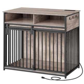 Hundekasse møbler med skuffer, 39.4" Træhundekennel indendørs med opladningsstation, Heavy Duty Dog Crate med glidende stalddør til medium/stor hund, Greige og sort