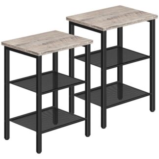 końcowy stolik, zestaw stolików nocnych 2, 3-Stół boczny z półkami z siatki, przemysłowy stół końcowy dla małej przestrzeni w salonie, Sypialnia i balkon, stabilna metalowa rama, Greige and Black