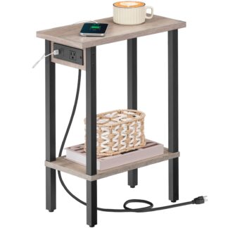 HOOBRO Úzký boční stolek, 2-Tier Slim End Table s nabíjecí stanicí, Noční stolek Skinny s otevřeným úložným prostorem, Pro malé prostory, Obývací pokoj, Ložnice, Studie, Šedá a černá