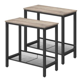 الجدول الجانبي, مجموعة من 2 طاولة جانبية للأريكة, منضدة ضيقة مع رف شبكي قابل للتعديل, منضدة مسطحة أو بزاوية للمساحات الصغيرة, إطار معدني ثابت, تجميع سهل, ريفي براون