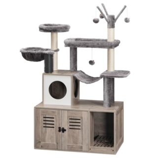 Large Hidden Litter Box, Cat Tree with 30.7'' Long Litter Box Enclosure, Modern Cat Tower, Cat Condos with Scratching Posts, Rubbing Post, Hammock and Teaser Sticks, Greige