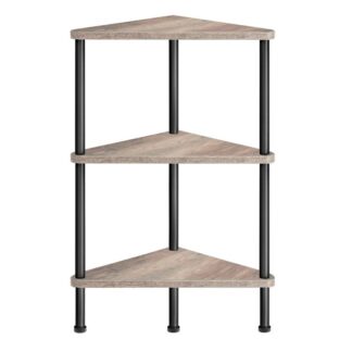 Hoekplank, Industriële hoekboekenplank met 3 niveaus en metalen frame, Hoekplankstandaard Display Plant Bloem, Hoekboekenkast voor kleine ruimtes, Woonkamer, Greige en Zwart