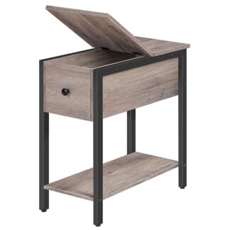 end table, flip top side table with storage shelf, narrow nightstand for small spaces in living room, bedroom, industrial, stable and sturdy construction, grey and black