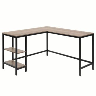 l-shaped computer desk, industrial corner writing desk with adjustable shelves, study workstation for home office, easy assembly, stable and space-saving, grey and black