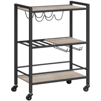 Barwagen für das Haus, 3-Tierküchenwagen mit Rädern, Kaffeewagen, Weinwagen mit Weinregal und Glashalter, Rolling Serving Cart für Wohnzimmer, Party, Bar, Grau und Schwarz