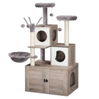 Cat Tree with Litter Box Enclosure, 2 Cat Houses and Platforms, Cat Tower for Indoor Cat, Hidden Litter Box Furniture, 2-in-1 Cat Condo with Hammocks, Scratching Posts, Greige