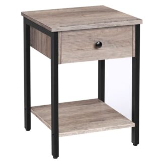 nightstand, 2-tier end table, industrial side table with drawer and storage shelf, wood accent table with metal frame, easy assembly, grey and black