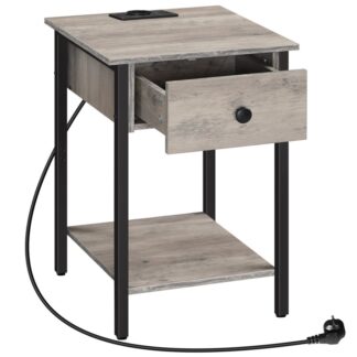 Прикроватная тумбочка с зарядной станцией и USB-портом, с ящиком и полкой для хранения, для небольшого помещения и спальни, Серый