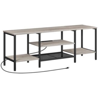 grey tv stand with power outlets to 65 inches, tv console table with open storage shelves cabinet, industrial media entertainment center for living room bedroom, greige and black