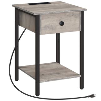nightstand with charging station, end table with 2 outlets and 2 usb ports, side table with drawer and open shelves, small space end table, for bedroom, greige and black