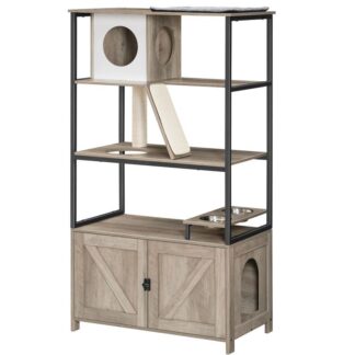 حاوية صندوق القمامة القطط وشجرة القط القابلة للفصل, أثاث صندوق فضلات مخفي كبير مع أوعية طعام, برج القطط مع عمود الخدش, حصيرة قطيفة, 31.4" L x 17.7" ث × 55.5" ح, جريج,