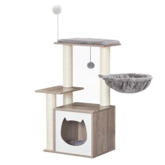 شجرة القط للقطط الداخلية, برج القط الحديث للقطط تحت 10 رطل, شجرة القط مع أرجوحة, شقة القط الخشبية مع وظائف خدش القط, وسائد قابلة للغسل قابلة للإزالة, جراير