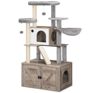 Cat Tree with Litter Box Enclosure, 59.1" Tall 2-in-1 Versatile Cat Tower with Hidden Litter Box Furniture, Cat Condo, Dangling Balls, Scratching Posts, Scratching Board, Greige