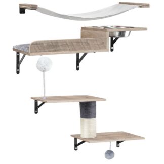 أرفف جدار القط متعددة الوظائف, مجموعة من 3 أثاث جدار القط الخشبي, جثم القط مع وعاء الطعام, المشي القط مع الخدش بوست, أرجوحة القط, للنوم, الأكل والتسلق, جريج,