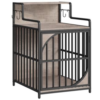 Dog Crate Furniture, Dog Kennel End Table, Indoor Dog House with Storage Shelf, Wooden Dog Crate with S Hooks, Chew-Resistant Metal Fence, for Puppies and Small Dogs, Greige and Black