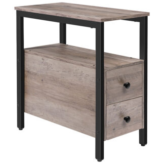 end table, chairside table with 2 drawer and open storage shelf, narrow nightstand for small spaces, stable and sturdy construction, wood look accent furniture, grey and black