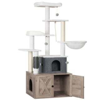 Cat Tree with Litter Box Enclosure, 65" Tall Cat Tower with Scratching Post, All-in-One Cat Condo for Indoor Cats, Hidden Cat Litter Enclosure Furniture, Detachable Cat House, Greige