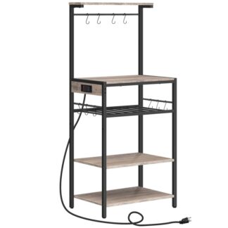 Bakers Rack with Power Outlet, 4-Tier Microwave Stand with Adjustable Wine Rack, Coffee Bar with 10 S-Shaped Hooks, for Kitchen, Living Room, Dinning Room, Greige and Black