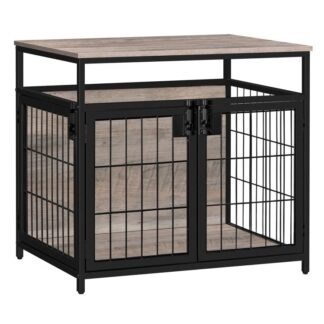 Möbel für Hundeboxen, Hundebox aus Holz, Hundezwinger mit 3 Türen innen, Dekoratives Netzkiste Endtisch für mittlere/kleine Hund, kau-resistentes Hundehaus, Greige und Schwarz