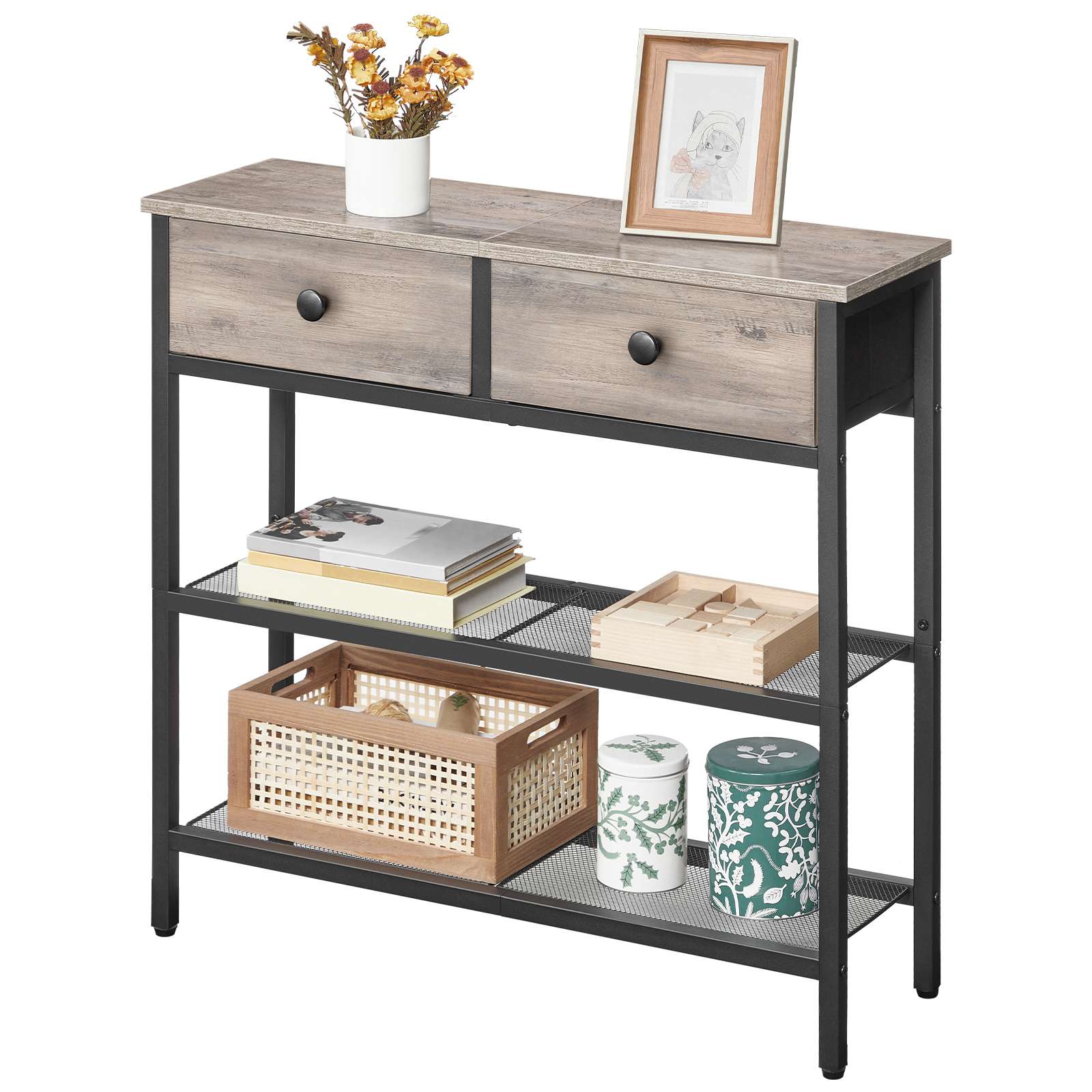 24سم طاولة كونسول ضيقة مع 2 أدراج القماش, طاولة مدخل صغيرة مع أرفف تخزين من 3 طبقات, طاولة أريكة رقيقة, الجدول الجانبي, لغرفة المعيشة, المدخل, رمادي وسوداء