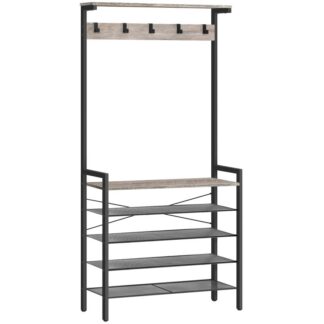 frakke stativ, frakke stativ med skoopbevaring, Industrial Hall Tree, Stor hallstativ, 5 aftagelige kroge, Træ accent øverste hylde, Indgangshylde, metalramme, Grå og sort