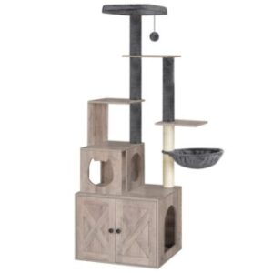 Gray Cat Tree with Litter Box Enclosure, Wooden Multifunctional Pet Furniture with Hidden Litter Box, Perch, Hammock and Scratching Post, Cat Tower for Indoor Cats
