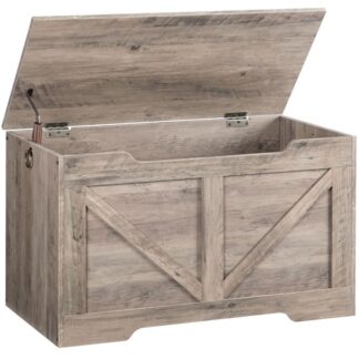 صندوق تخزين, منظم صندوق الألعاب القديم مع فتحة سحب على شكل حرف U, مقعد التخزين, مفصلة السلامة, صندوق ألعاب قوي, خشبي, يدعم 220 رطل, تجميع سهل, رمادي