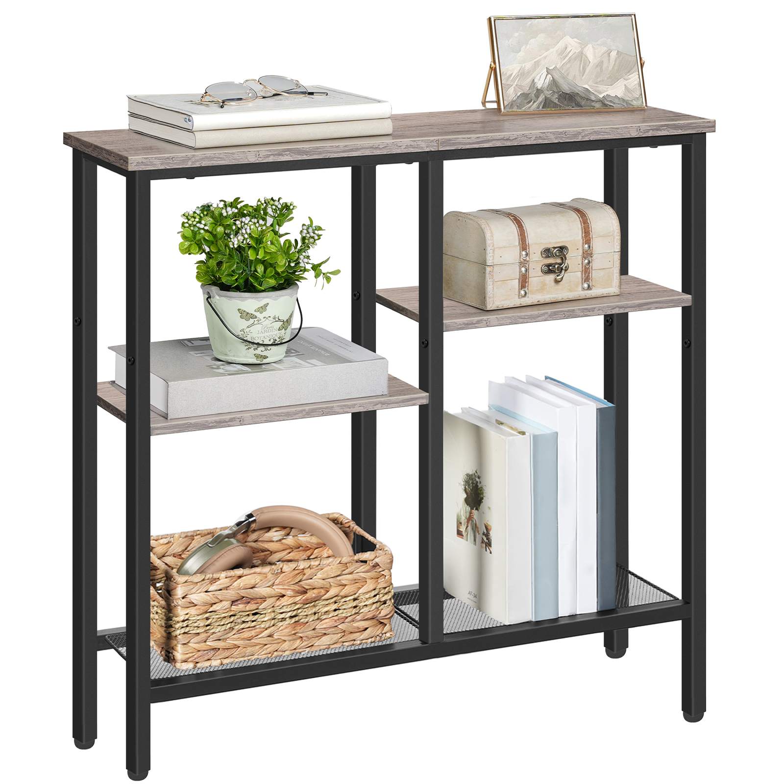 4-Tier Industrial Narrow Console Table with Metal Mesh Shelves: A Multi-Scenario Storage Furniture with Adjustable Feet, Greige and Black Finish