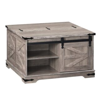 طاولة القهوة Greige Farmhouse, طاولة قهوة مربعة كبيرة لغرفة المعيشة, ارفع مربع طاولة القهوة العلوية, طاولة قهوة خشبية باللون الرمادي مع باب الحظيرة, الفضاء المخفي,