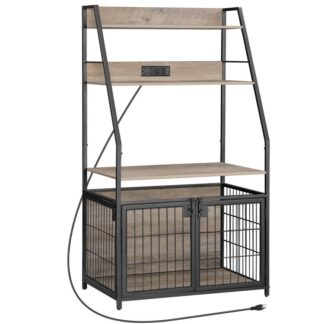 dog crate furniture, wooden dog kennel with 3 storage shelves, dog house with charging station indoor, double-door dog cage with chew-resistant metal mesh, greige and black