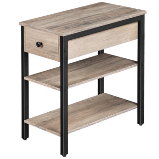 Side Table, 3-Tier Narrow Nightstand with Drawer and 2 Shelves, Industrial End Table for Small Space, Living Room, Bedroom, Office, Wood Look Accent Table, Grey and Black