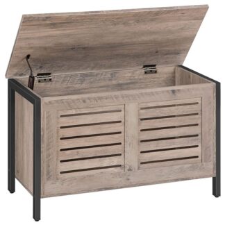 مقعد تخزين, ارفع منظم صندوق ألعاب أعلى مع مفصل السلامة, صندوق تخزين مدخل قوي, نظرة خشبية على الأثاث مع إطار معدني, الباب المرفق, رمادي