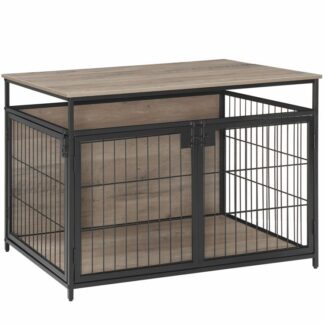Hundekassemøbler, 3 Døre træhundkasse bord, Indendørs hunde kennelmøbler til mellemstore/store hund, Side endebord, Tygbestandigt hundehus, Rustik brun og sort