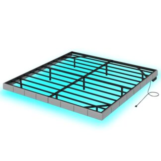 Floating Bed Frame King Size, Upholstered Platform Bed Frame King Size with Charging Station and LED Lights, Modern Metal King Floating Bed Frame, No Box Springs Needed, Grey