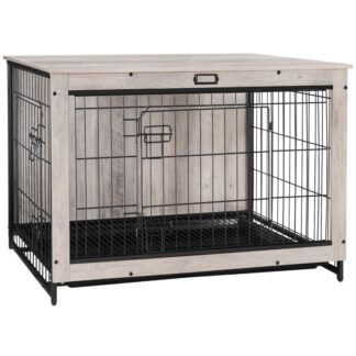 dog crate furniture, 3xl dog crate, 38"wooden pet furniture with pull-out tray, home and indoor use, double door modern side end table for medium/large dog, chew-resistant, grey