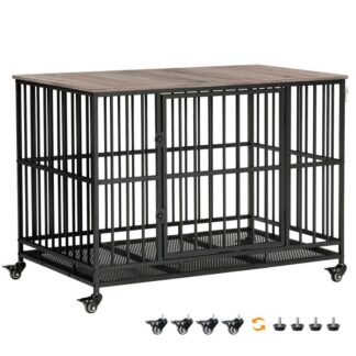 Meble ciężkiej skrzyni dla psów, 38.7" Kryta buda dla dużego psa z klapką, Niezniszczalny stolik boczny do klatki dla psa z kółkami, dla małego/średniego psa, Szaro-czarny