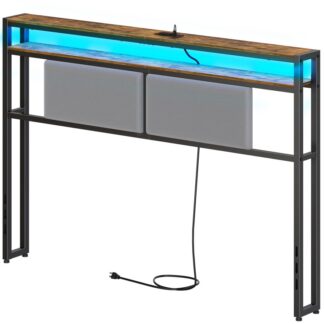 Только изголовье кровати размера «queen-size», Мягкое изголовье кровати со светодиодной подсветкой, USB-порты и 2 Магазины, Прочное изголовье размера «queen-size» с отделением для хранения., Регулируемая высота, Легкая сборка, Деревенский коричневый и