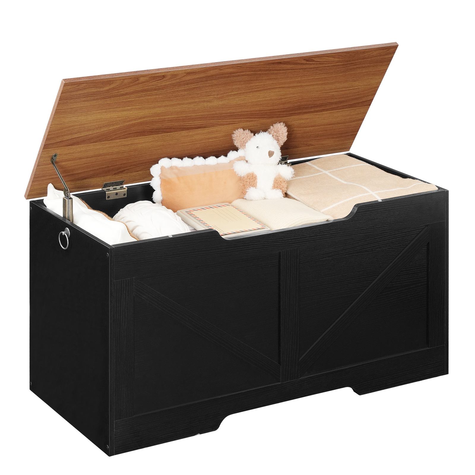 Banc de rangement HOOBRO, 39.4" Coffre de rangement en bois rétro avec traction de découpe en forme de U, Charnière de sécurité, Les soutiens 220 lb et assemblage facile pour organisateur de coffre à jouets (Noir et noix)