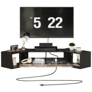 Floating Corner TV Stand with Power Outlet, Walnut and Black Rotatable Floating Entertainment Center, Wall Mounted Entertainment Center with Storage for Living Room, Under TV Shelf