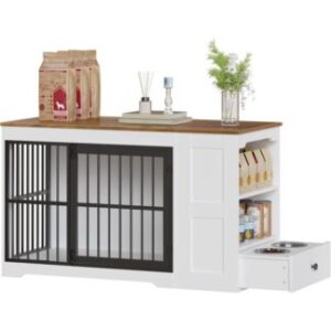 Walnut and Black Dog Crate Furniture, Dog Kennel Indoor with Hidden Feeding Bowls and Storage Shelf, Wooden Dog Cage TV Stand for Medium Small Dogs, White