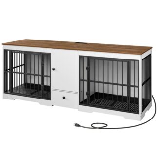 Heavy Dut Hundekiste Möbel, 37.8'' Hölzerne Hundezwinger innen mit 360 & Verstellbarer, erhöhter Futternapf für Hunde, Dekorativer Haustierhaus-Beistelltisch für große, mittelgroße Hunde, Walnuss und weiß