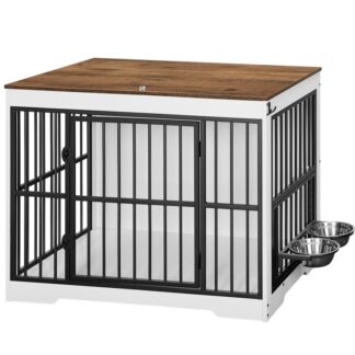 Heavy Dut Hundekiste Möbel, 37.8'' Hölzerne Hundezwinger innen mit 360 & Verstellbarer, erhöhter Futternapf für Hunde, Dekorativer Haustierhaus-Beistelltisch für große, mittelgroße Hunde, Walnuss und weiß