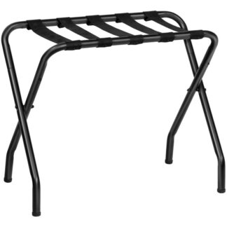 folding luggage rack, metal suitcase stand with nylon straps, holds up to 100 lb, for guest room, hotel, bedroom, closet, steel frame, black