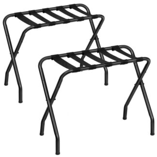folding luggage rack pack of 2, metal suitcase stand with nylon straps, holds up to 100 lb, for guest room, hotel, bedroom, closet, steel frame, black